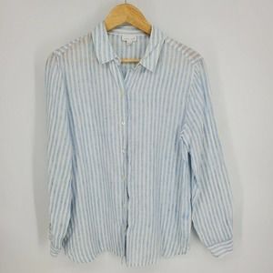J Jill Love Linen Womens Button Front Shirt Long Sleeve Blue White Stripes Small